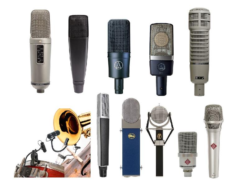 Fig 3 Top: medium-priced ($300–400) mics (L-R): Rode NT-2A, Sennheiser 421, AT 4033, AKG 214, EV RE-20; Bottom: Sub-$1000 mics (L-R): DPA miniature condensers, Sennheiser 441, Blue Blueberry & Dragonfly, Neumann TLM 102 & KMS 105