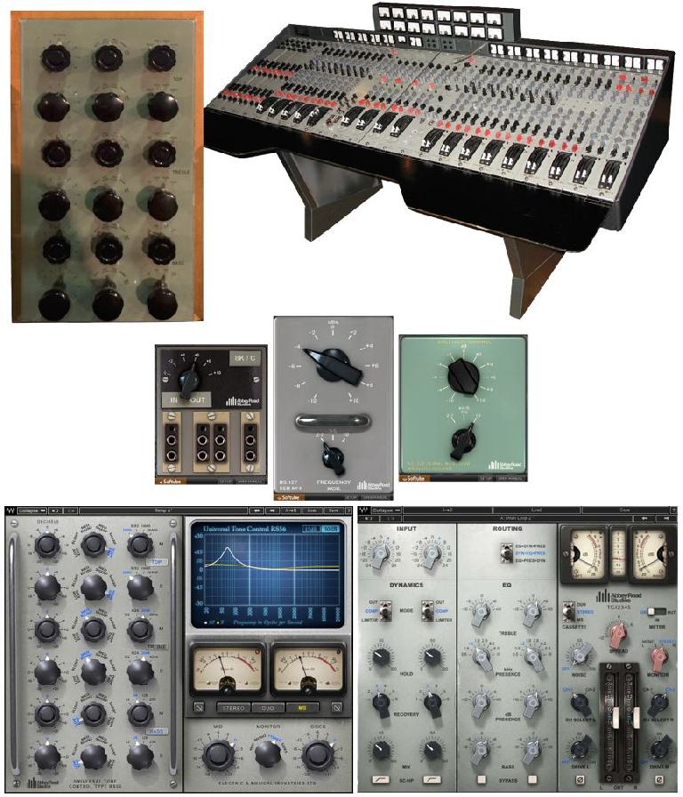 Fig 3 An original Abbey Road RS56 EQ and TG12345 console (top); virtual versions (bottom)—Softube Brilliance Pack (RS127/135); Waves RS56 and TG12345 emulations 