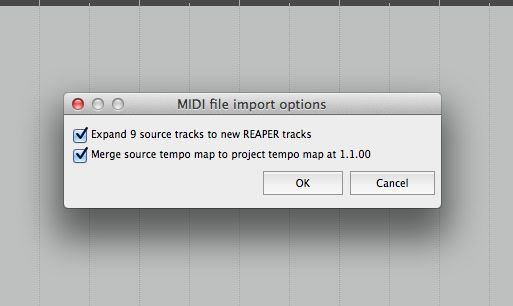 MIDI file import options.
