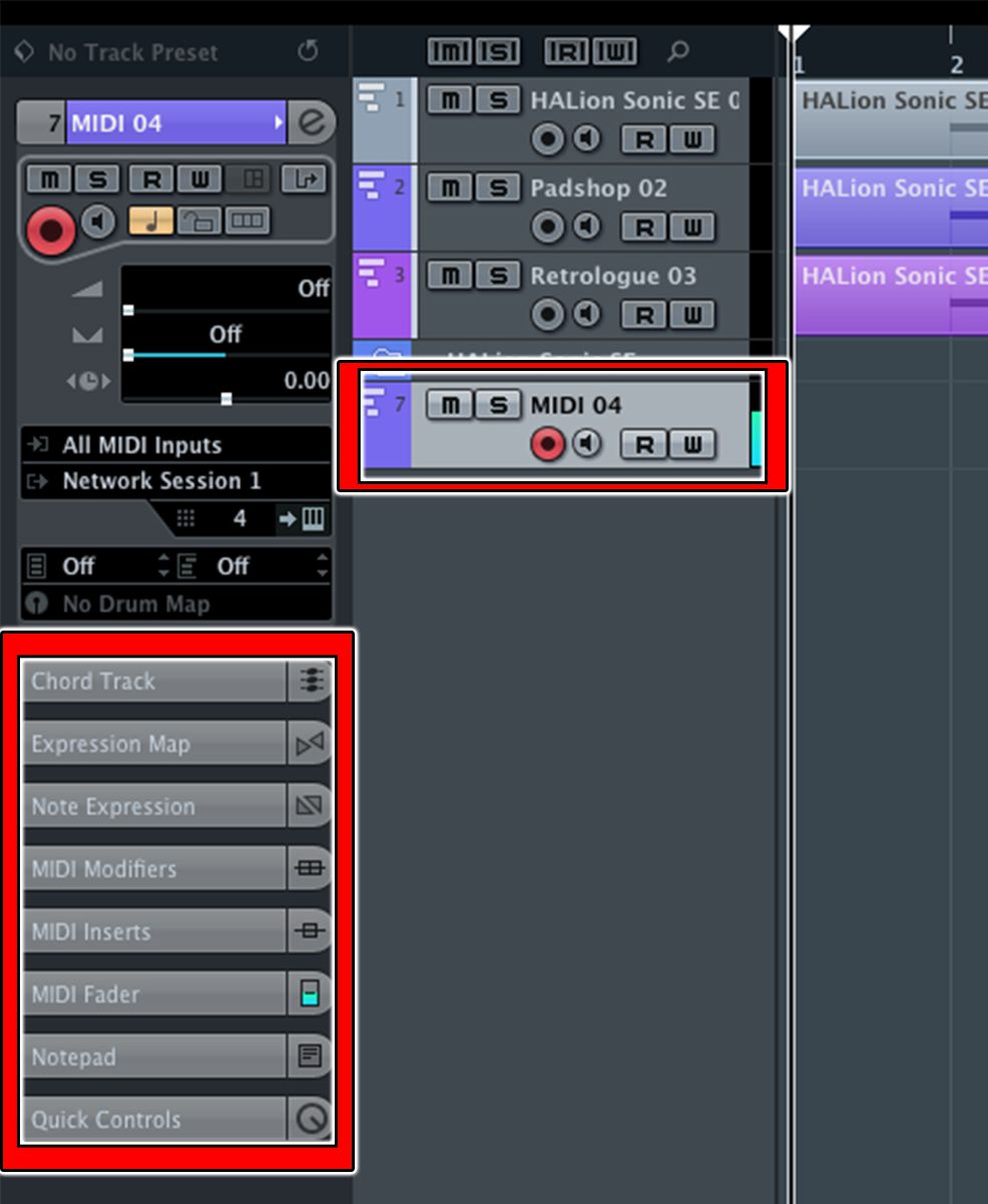 Figure 6: The selected MIDI track (upper box, record-enabled) and default Inspector tabs.