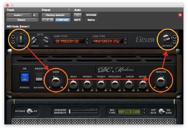 Fig 2 Input & Output controls (yellow) trim the signal level before & after the effect’s gain controls (orange)