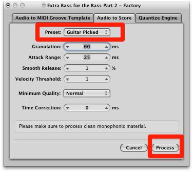 Choose an appropriate preset in the Audio to Score window, then click ‘Process’.
