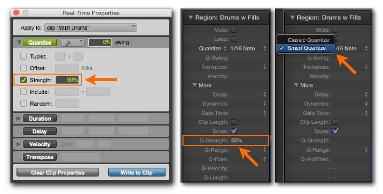 Fig 2 Some Quantization options for drums, including Partial Quantization (Quantization Strength, in Pro Tools) and “Smart” Quantizing (in Logic).