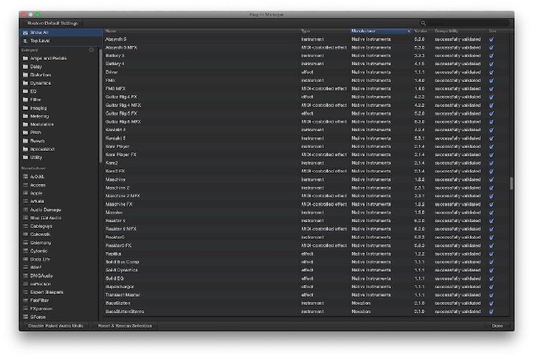 AU Validation Window shows success with NI and Arturia plug-ins in OS X 10.11.1 (Beta) El Capitan.