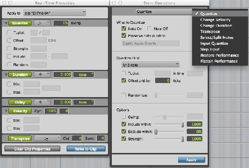 Figure 2 : The MIDI Real-Time Properties window vs the Event Operations window