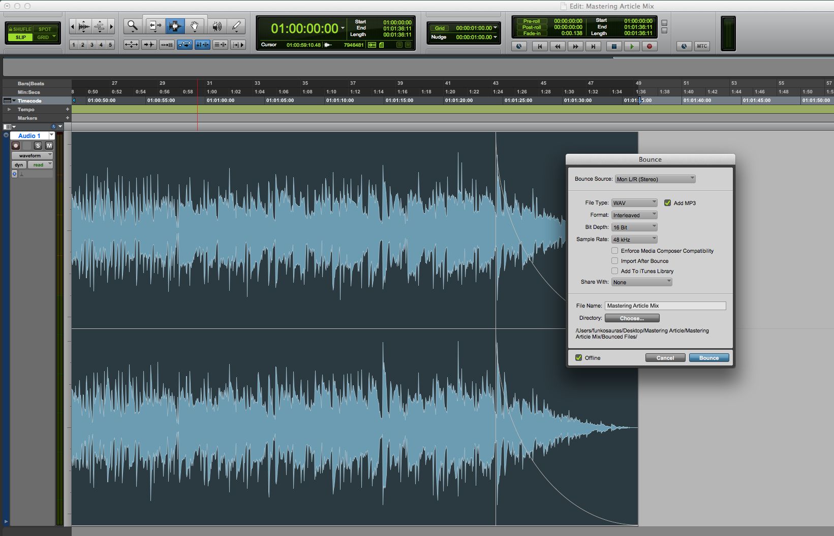 Bouncing—Bouncing your mix in Pro Tools allows you to export the audio in a variety of formats.