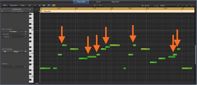 Fig 3 Overlapping notes can be programmed for Legato playing—the new notes change pitch without retriggering their attacks