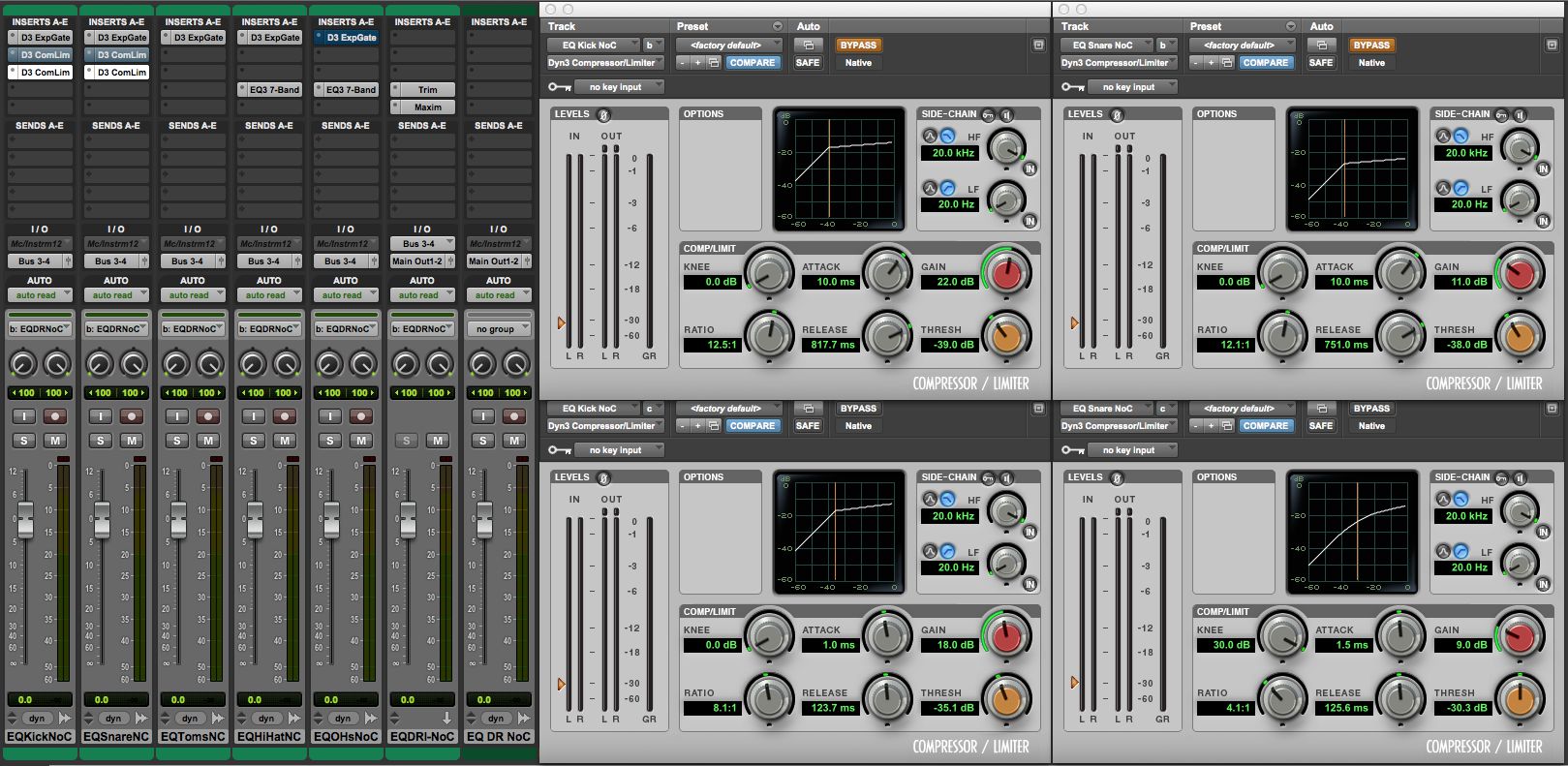 Figure 4B Drum Compression for Effect on Kick (L) & Snare (R): Top: Slower Attack & Release; Bottom: Fast Attack & Release.