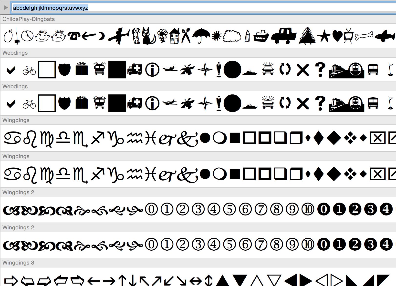 zapf dingbats font letters indesign