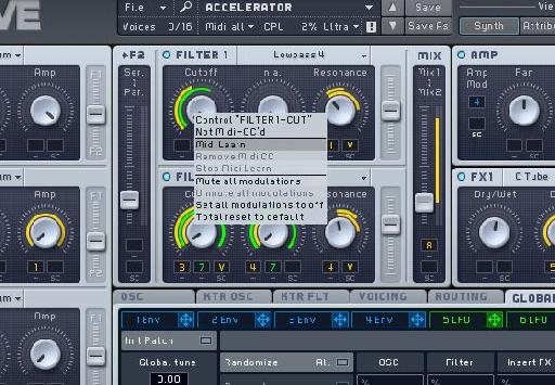 Right clicking any parameter reveals the MIDI learn menu.