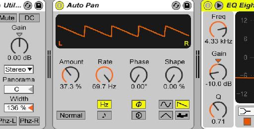 Amplitude distortion is possible through Live's Auto Pan and the tone of distortion can be further shaped by exploring the different LFO Waveform shapes at the bottom right of the device.