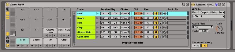 Drum Rack pads configured with multiple External Instruments, set to the correct playback notes.