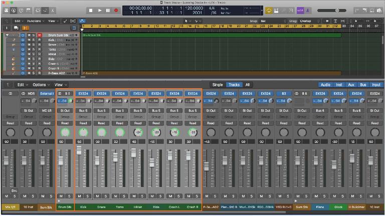 A “multitimbral” instrument implemented with Logic’s Track Stack feature