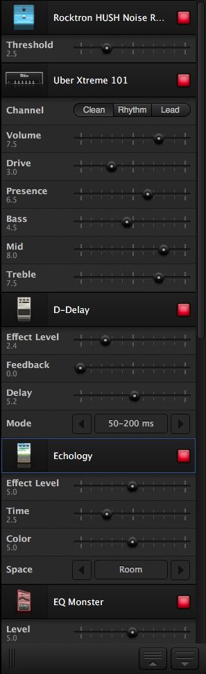 Pedals, amps, mics and cabs are tweaked using the control panel to the right, not the dials and switches on the devices themselves. 