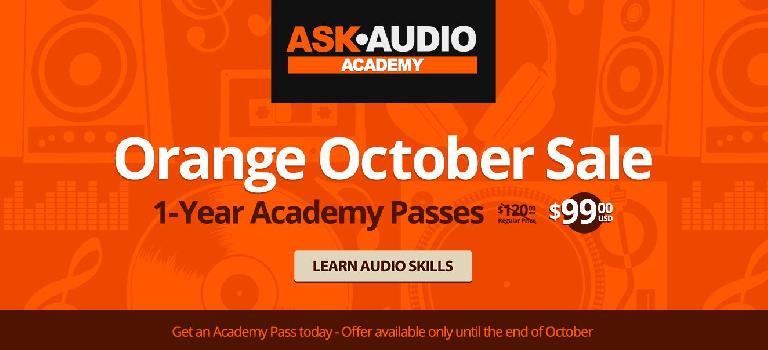 Ask.Audio Orange October Sale Banner - $99 for one year access.