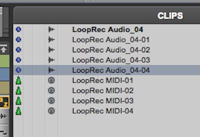 One whole file audio clip, and four subset audio clips, which represent four takes, shown in the Clip List