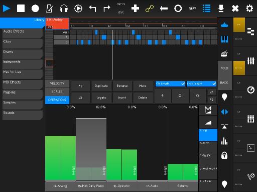 The MIDI Clip Editor in the top half split with the track sends mixer at bottom; browser visible at left.