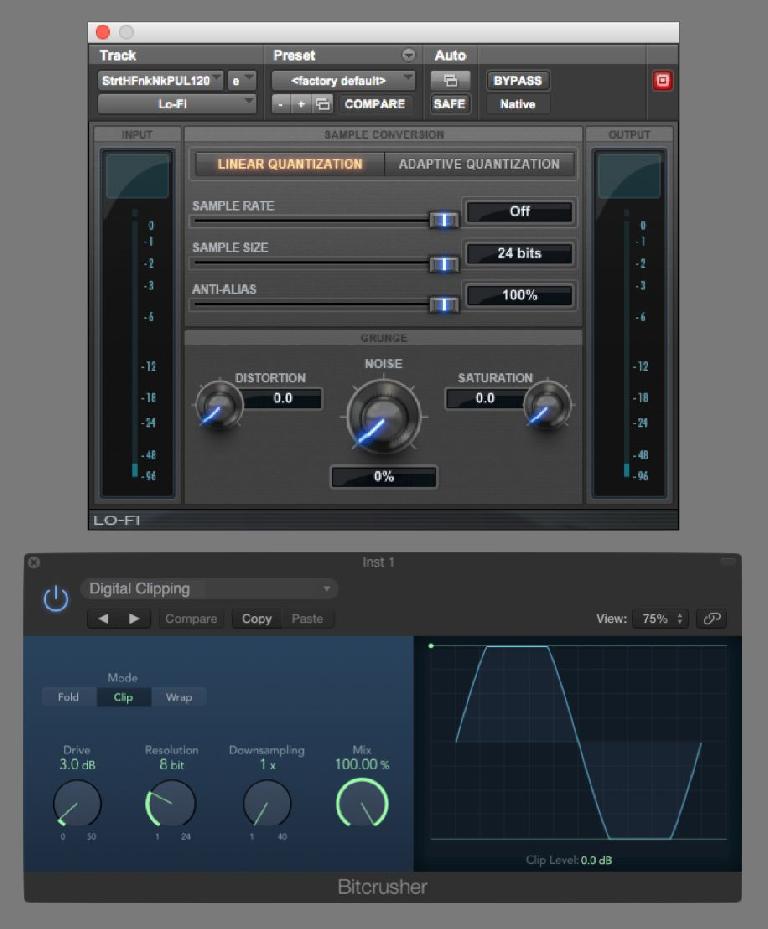 Fig 6 Pro Tools’ Lo-Fi & Logic’s BitCrusher provide edgy, gritty digital distortion as an alternative to analog’s smooth, warm crunch