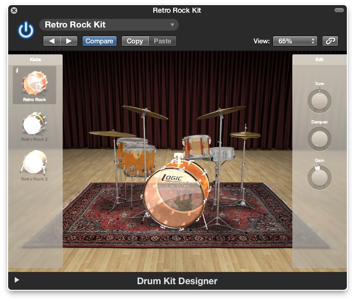 The Drum Kit Designer interface is clean and simple,  relying instead on high quality drum sounds.