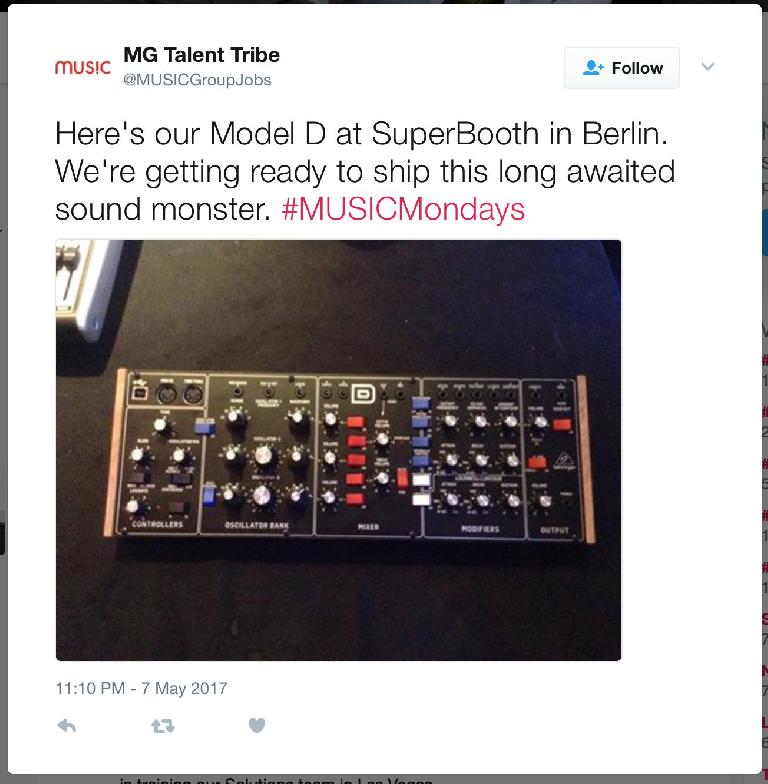 MusicGroupJob Twitter account tweeted the Model D is 