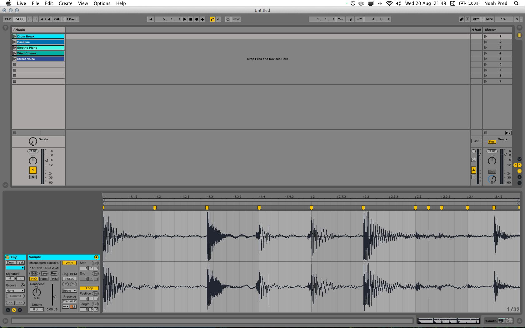 Drum Loop slowed-down, at half-time, with adjusted transient playback settings.