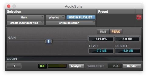 Fig 2 The Gain plug-in, with its Analyze feature.