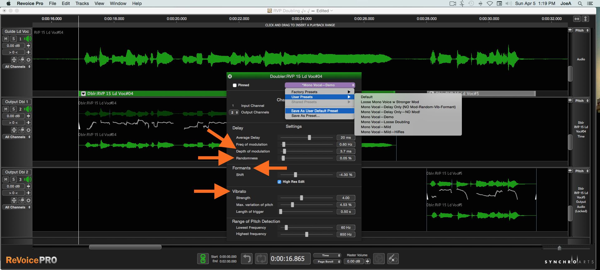 Fig 7 The various modulation options in the Doubler Process Settings window; custom settings can be saved as User presets or as a User Default.