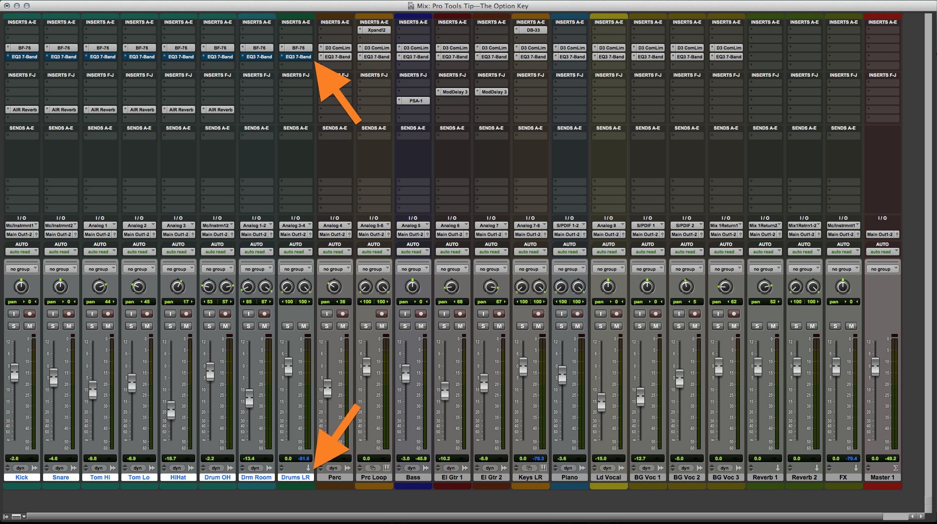 A row of Drum EQs Bypassed (for selected Tracks only, with Option-Shift).