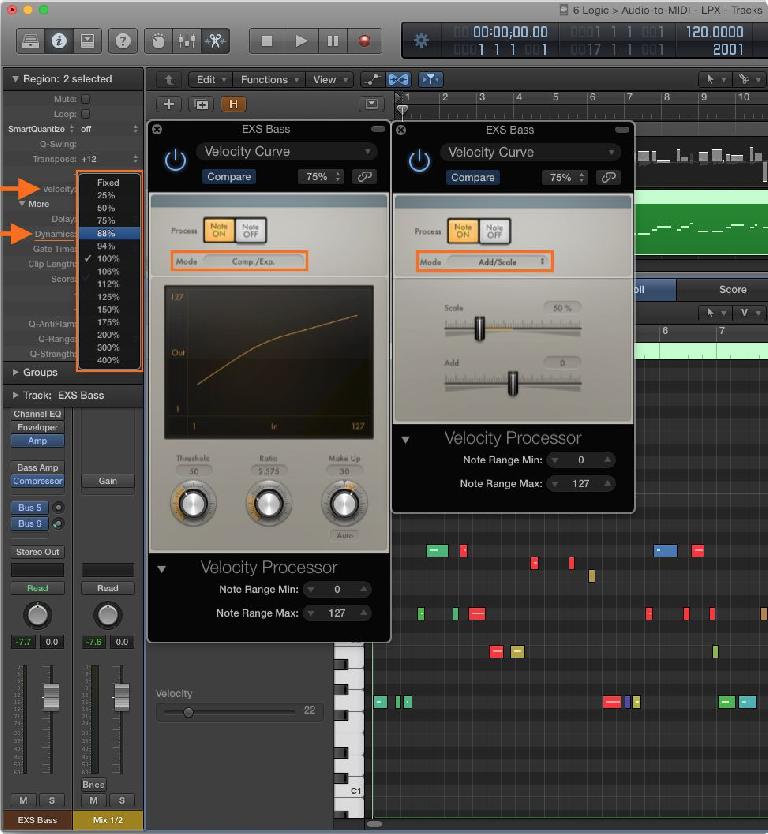 Fig 6 Adjusting Velocity curves in the Region Inspector (L) or with the Velocity Processor MIDI plug-in (R) 