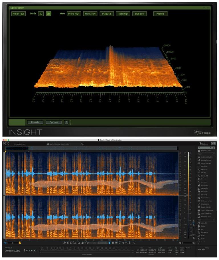 A 3D Spectrogram display (top, in Insight); a 2D editable Spectrogram (bottom, in RX6) with a bit of embedded leakage (a siren in a vocal recording) selected for removal