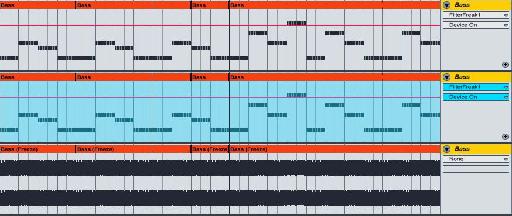 The same bass track. At the top it is a MIDI track playing a virtual instrument. In the middle, it has been “frozen”, and at the bottom it has been “flattened” into an audio track.