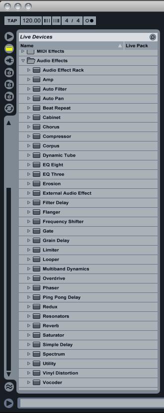 A list of all of Live’s effects plug-ins