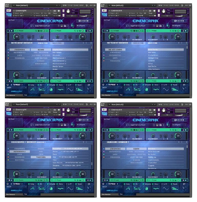 CINEMORPHX menus for loading the Factory Presets, showing the various preset types and sub-categories.