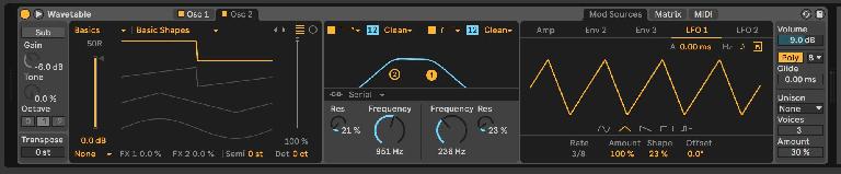 A glimpse of Wavetable’s LFO and filter settings.