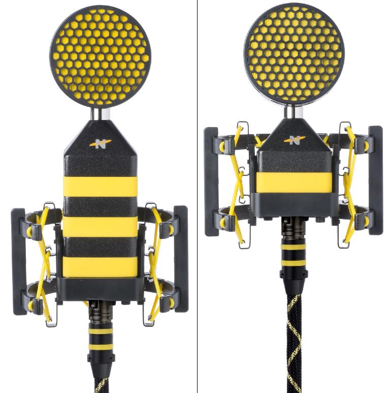 *Figure 2. The King Bee (left) and Worker Bee (right), side-by-side, in Beekeeper shock mounts and Honeycomb pop filters attached.