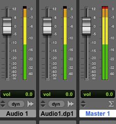 Two tracks whose signals have been tracked up to 0 dB are clipping the output, as shown Master fader meter