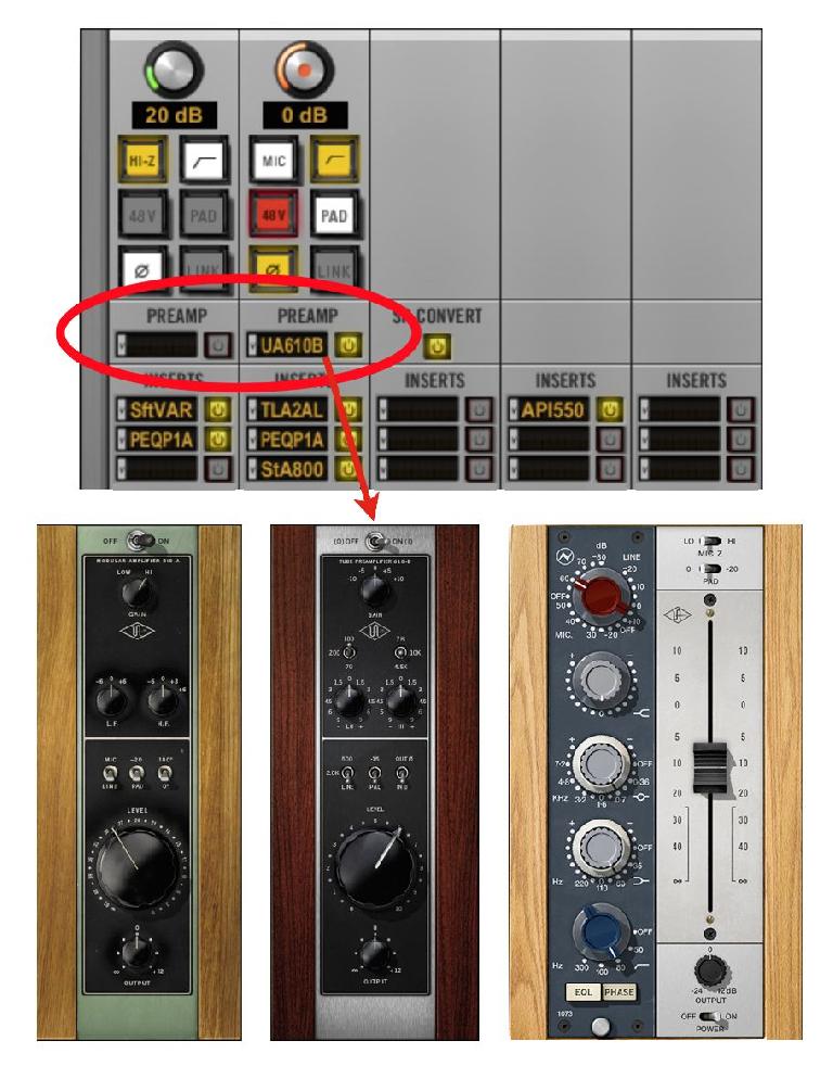 Fig 7 UA’s Unison technology combines software & hardware to emulate classic preamps: (Top) Inserting a Unison preamp model in the UA Console; (Bottom) some Unison-equipped plug-ins 