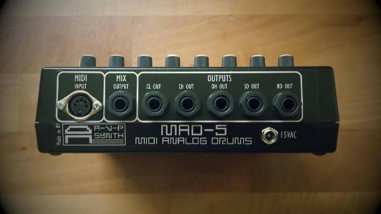 Rear view of AVP Synths MAD-5 Analog Drum Machine.