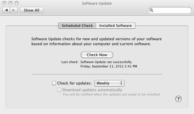 Figure 1: Software Update turned off. However, the Check Now button is always clickable in case you want to see what's new.