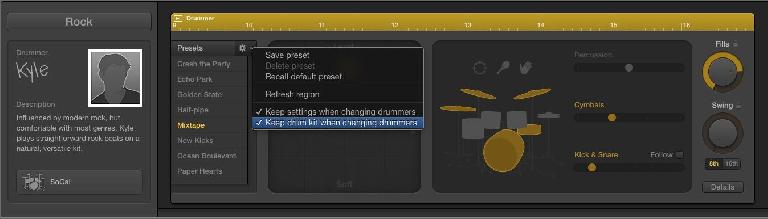 Fig 3 The Presets pop-up, where you can choose to preserve the current kit and performance settings.