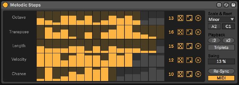 Melodic Steps with multiple parameter lengths and MIDI mode engaged.