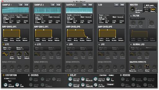 Manage the four slots in the mixer section to control envelope, LFO and effect settings plus master settings. 