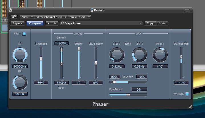 Logic's phaser adding some intense modulation to the reverb buss