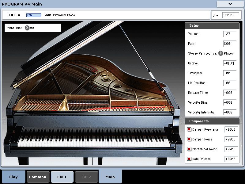 View of an SGX-1 piano program as seen on the built-in touch screen