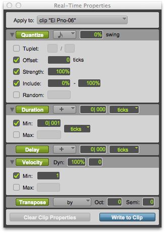 The MIDI Real-Time Properties window: Clip Properties