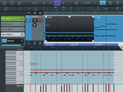 The MIDI note editor in the lower section of the screen.