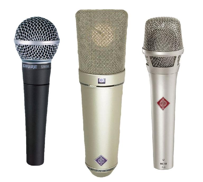 Fig 1 L-R: Shure SM58 (classic indestructible stage dynamic), Neumann U87 (delicate studio condenser); Neumann KMS-105 (hardy handheld stage condenser)