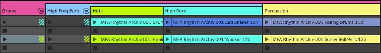 Multiple sub-groups and a “sub-scene”: the Percussion track is part of the Drums group, but only Hats and High Perc are in the sub-group High Freq Perc, allowing different combinations of clips to be triggered simultaneously