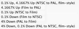 How Pro Tools displays the speed changes required by changing frame rate