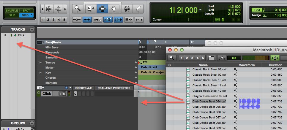 Drag the Apple loop file to create a new track in two different ways.